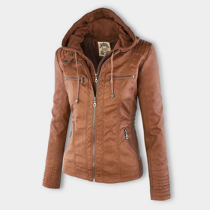 Waterproof Ladies Leather Coat with Hood