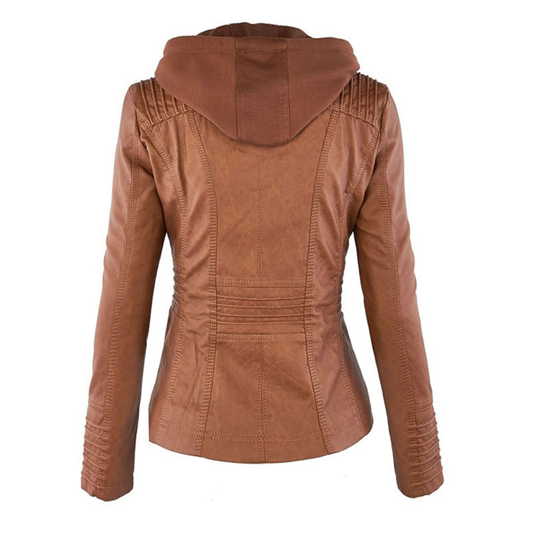Waterproof Ladies Leather Coat with Hood