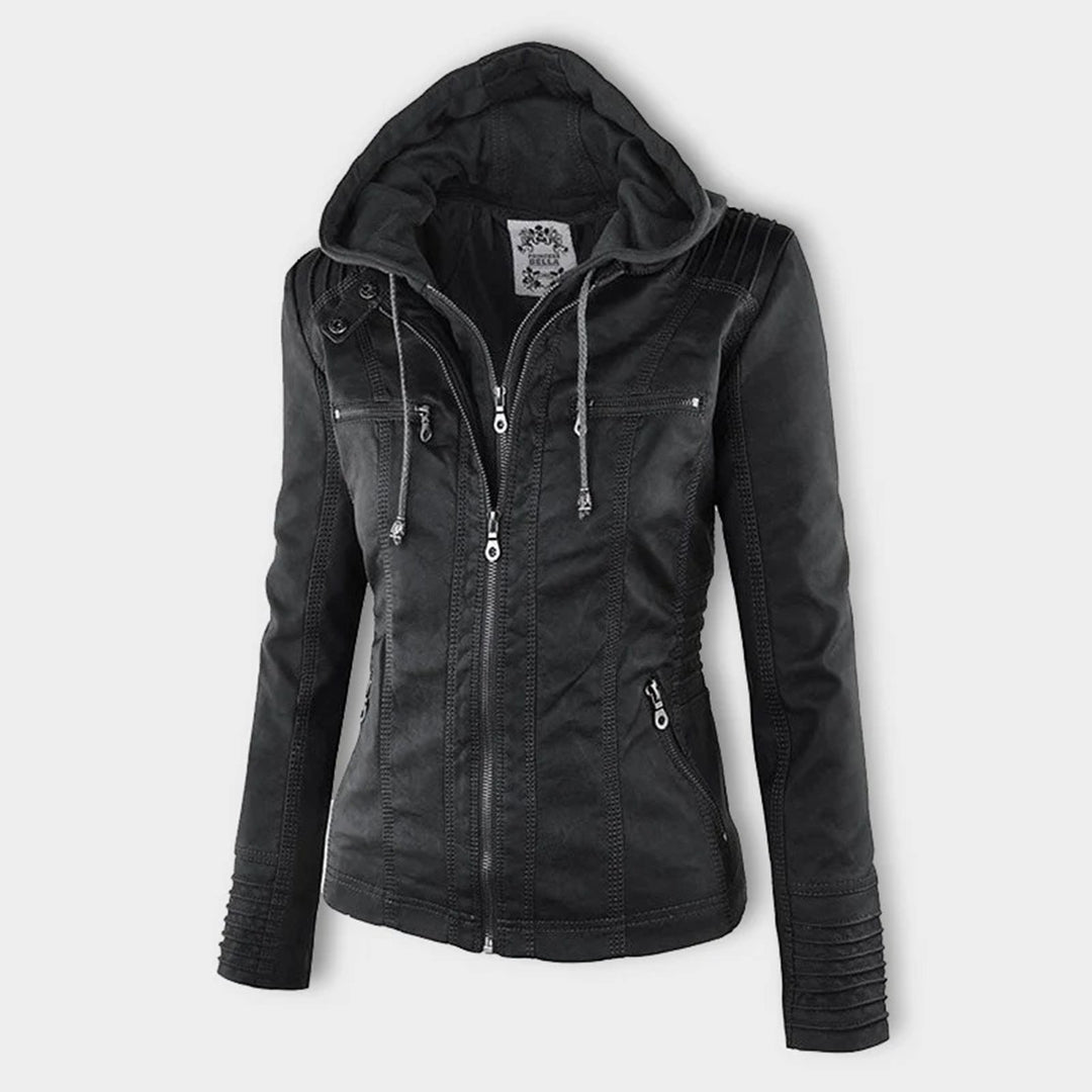 Waterproof Ladies Leather Coat with Hood
