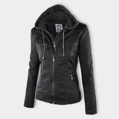 Weatherproof women's leather jacket with hood 4