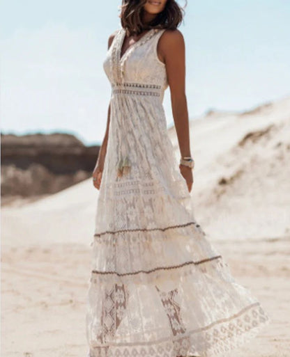 Retro Bohemian Tassel Tie Waist Dress