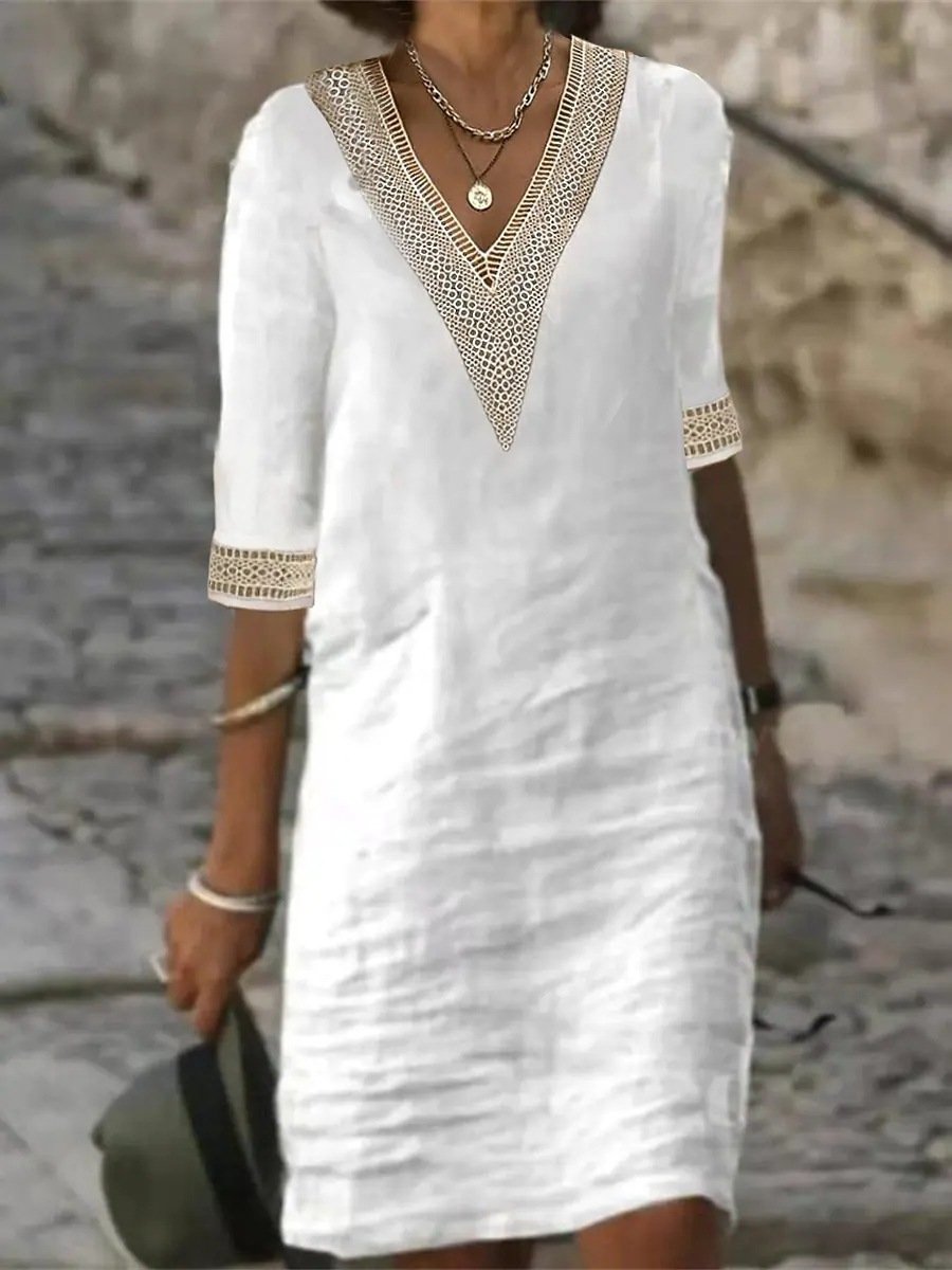 Women's Casual Dress - V-Neck Lace Trim - Relaxed Fit 3/4 Sleeve 4
