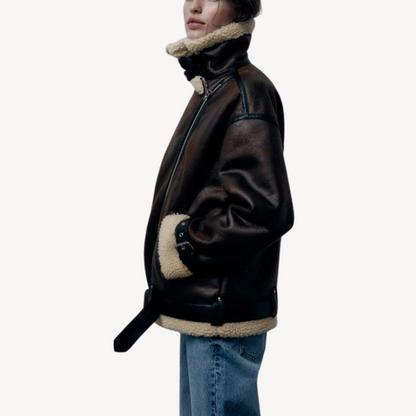 Women’s Faux Shearling Aviator Jacket Brown 4