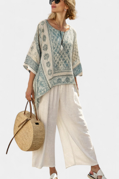 Women's Printed Blouse and Wide-Leg Pants Set | Women's Outfit 1