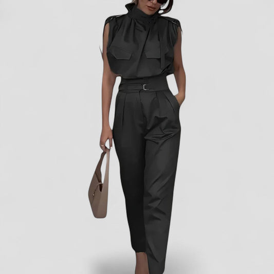 Women’s Sleeveless Belted Jumpsuit with Pockets 0