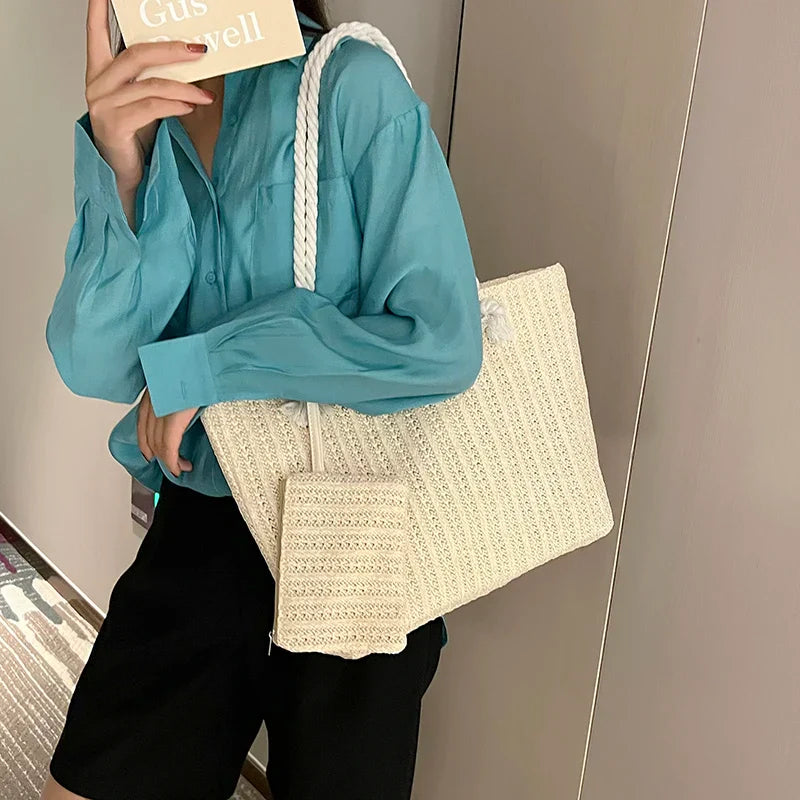 Large Woven Straw Tote Beach Bag Set