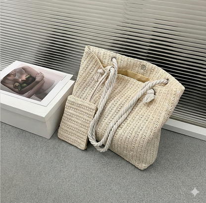 Large Woven Straw Tote Beach Bag Set