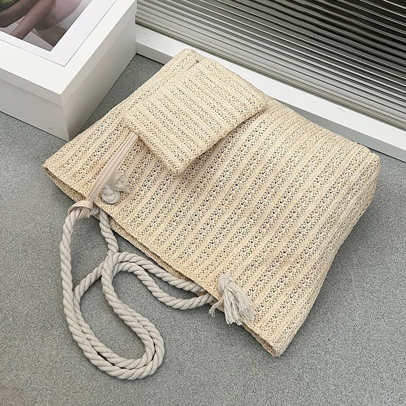 Large Woven Straw Tote Beach Bag Set