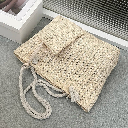Large Woven Straw Tote Beach Bag Set