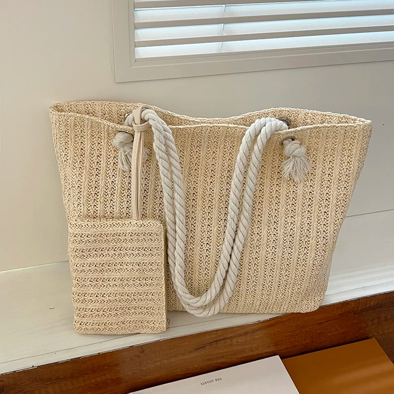 Large Woven Straw Tote Beach Bag Set