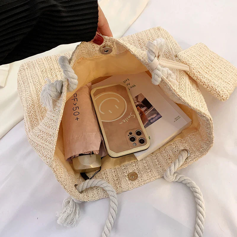 Large Woven Straw Tote Beach Bag Set