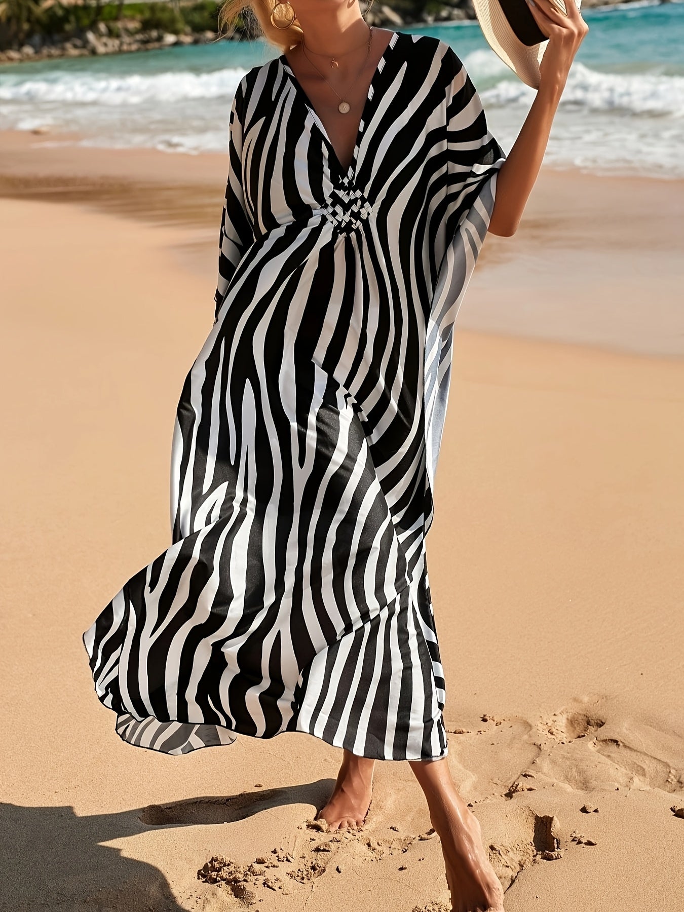 Summer Zebra Print Maxi V Neck Dress