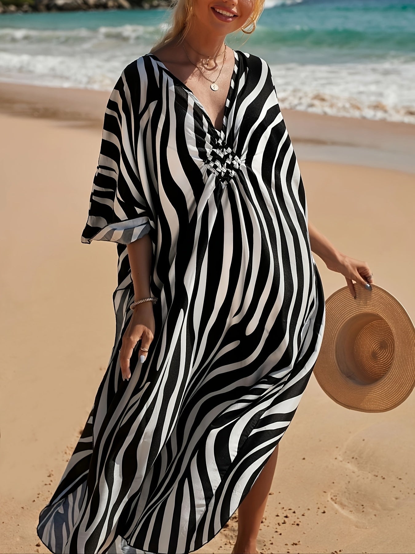 Summer Zebra Print Maxi V Neck Dress