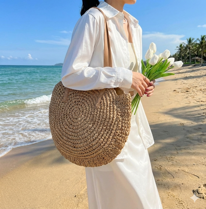 Large Woven Beach Shoulder Bag Round Straw Design