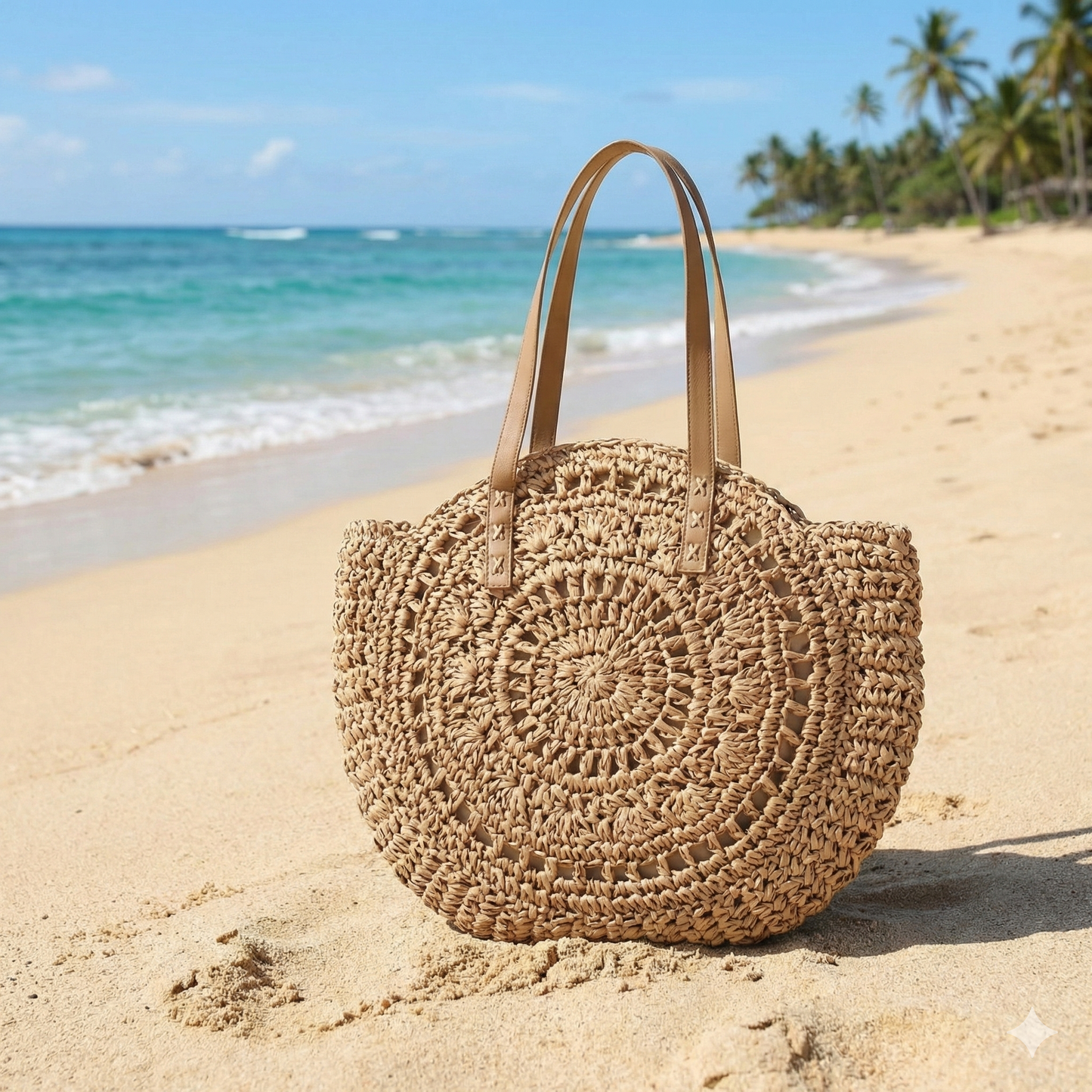 Large Woven Beach Shoulder Bag Round Straw Design