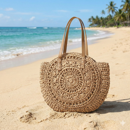 Large Woven Beach Shoulder Bag Round Straw Design