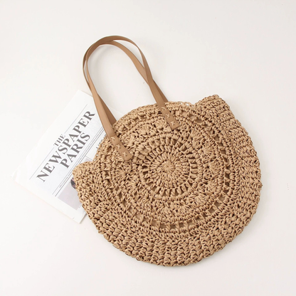 Large Woven Beach Shoulder Bag Round Straw Design
