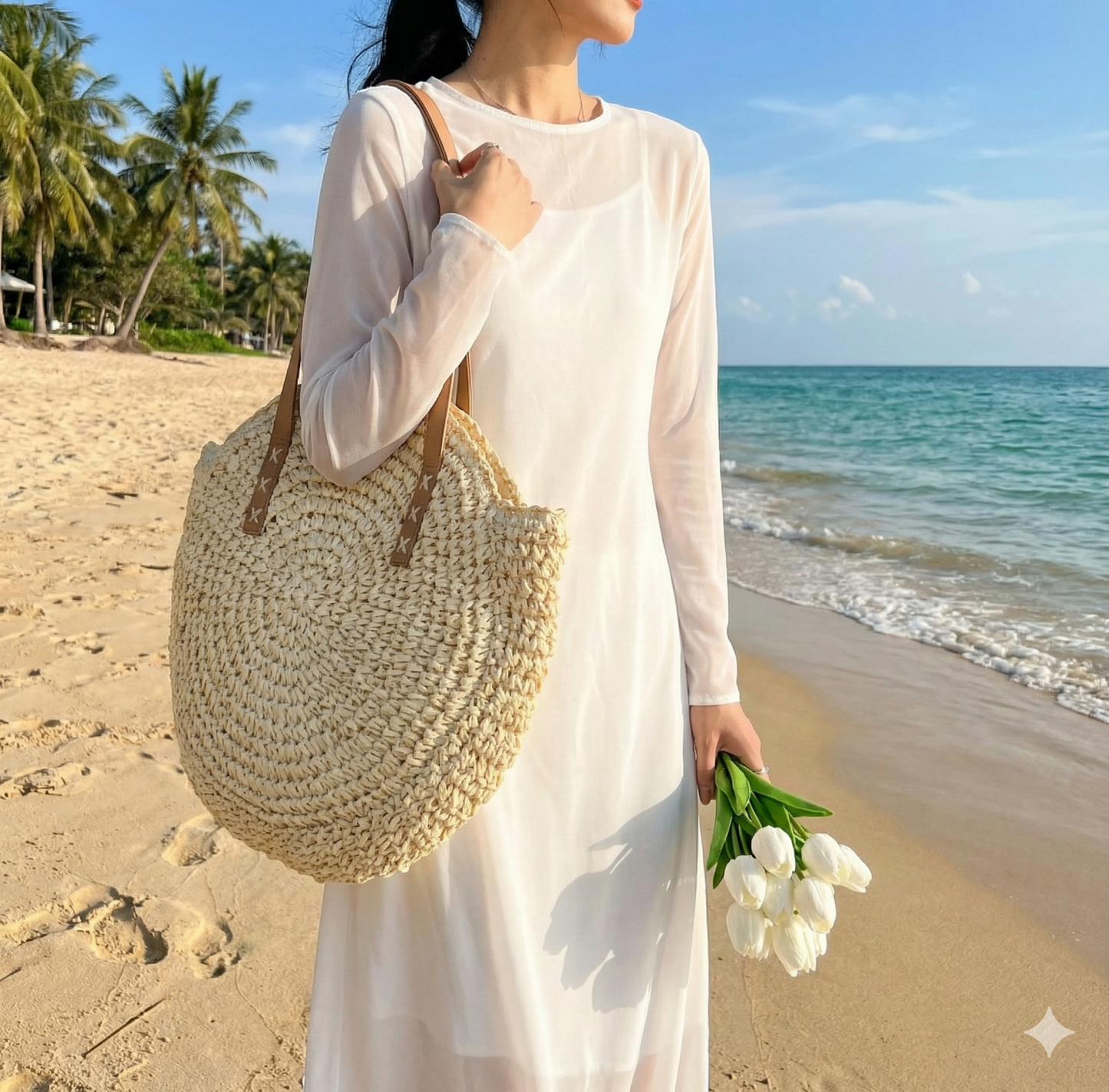 Large Woven Beach Shoulder Bag Round Straw Design