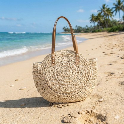 Large Woven Beach Shoulder Bag Round Straw Design