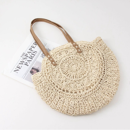 Large Woven Beach Shoulder Bag Round Straw Design - Luxivelle
