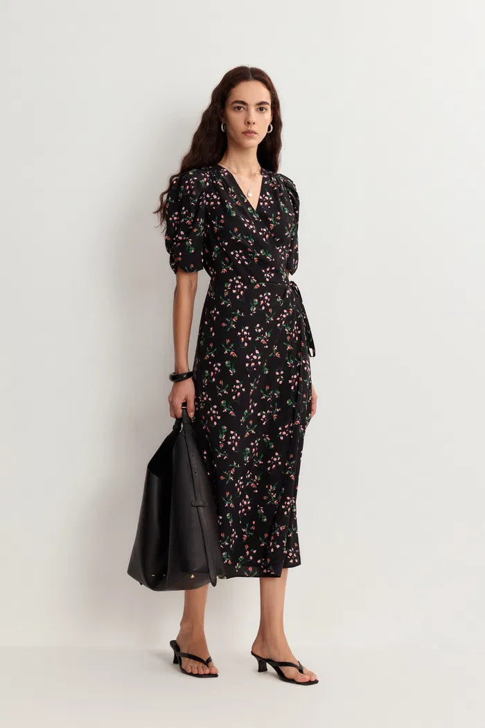 Elegant Floral Midi Dress for Women Black - Luxivelle