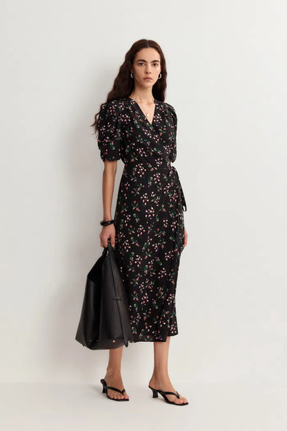 Elegant Floral Midi Dress for Women Black - Luxivelle