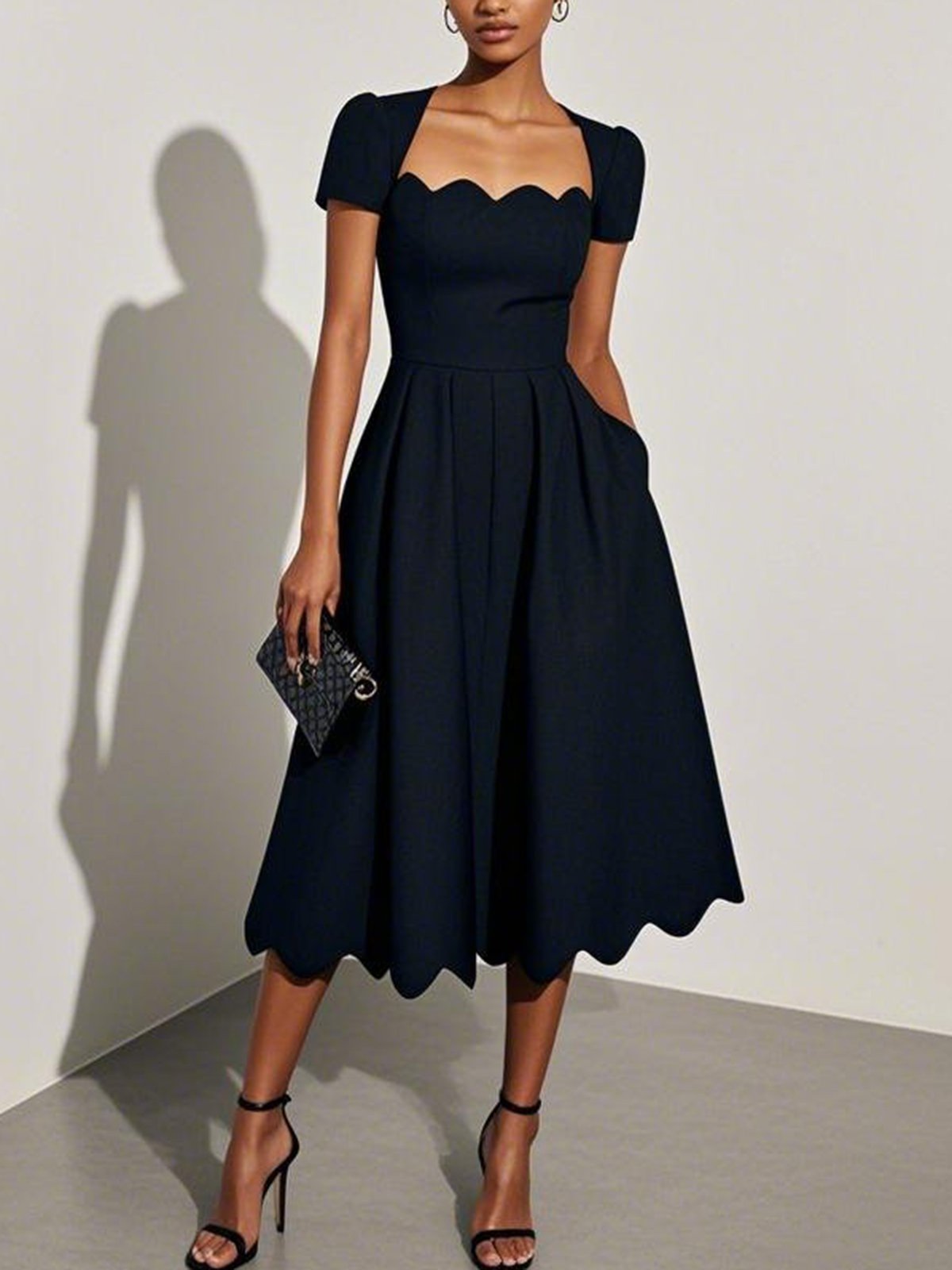 Elegant Black Midi Dress V Neckline - Luxivelle