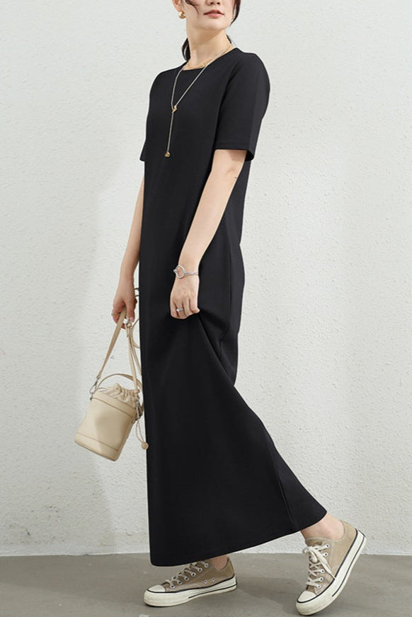 Long Black Casual Maxi T-Shirt Dress - Luxivelle