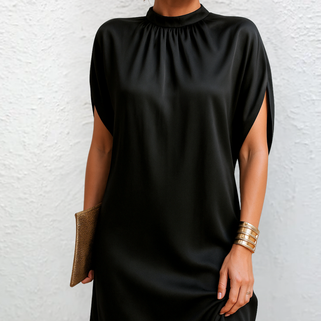 Little Black Shift Dress High Neck Cap Sleeves