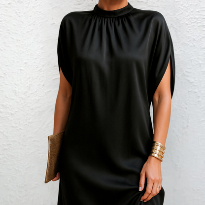 Little Black Shift Dress High Neck Cap Sleeves