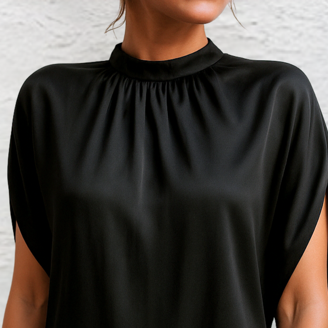 Little Black Shift Dress High Neck Cap Sleeves