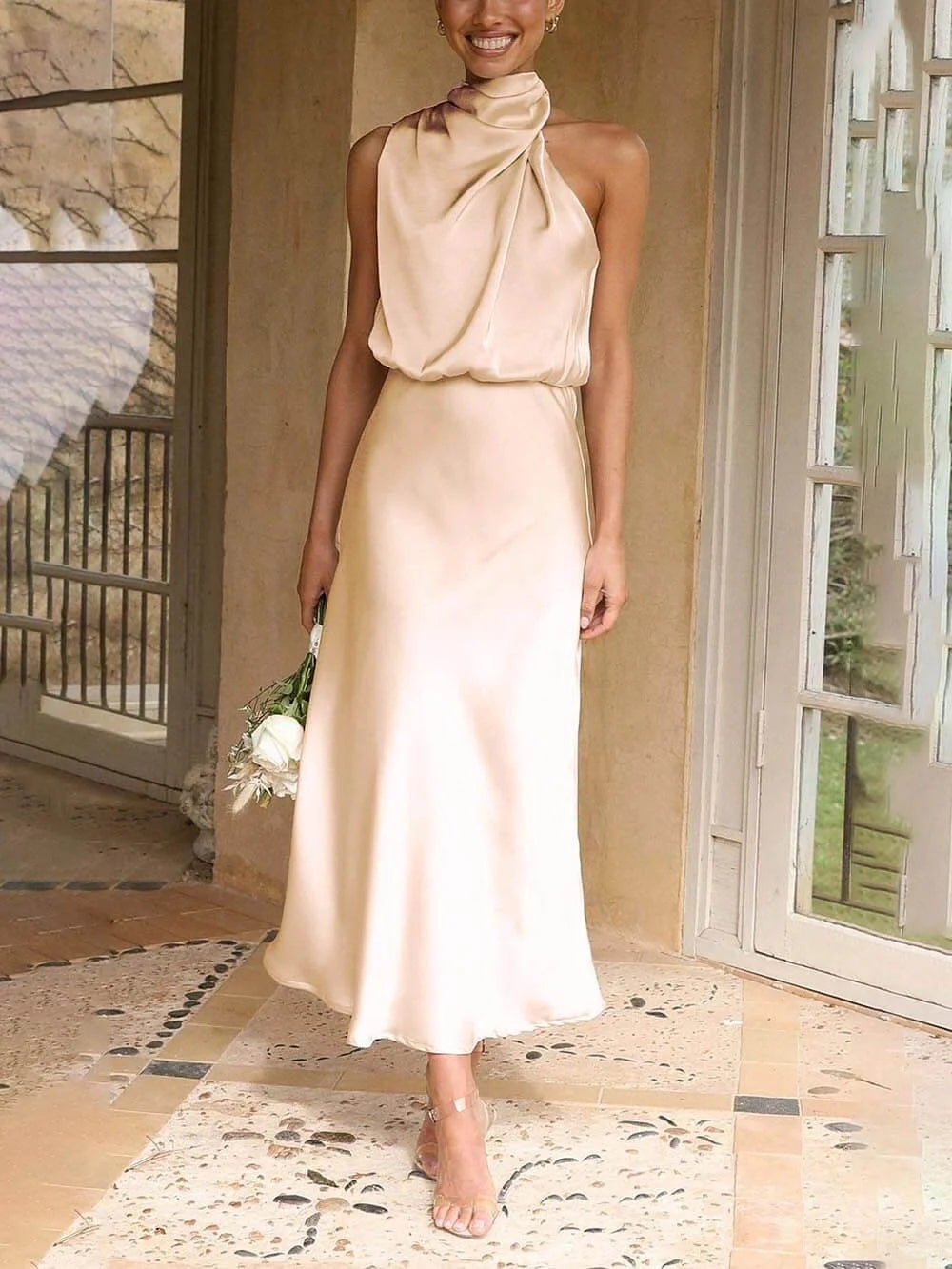 Ladies Elegant Halter Neck Midi Dress