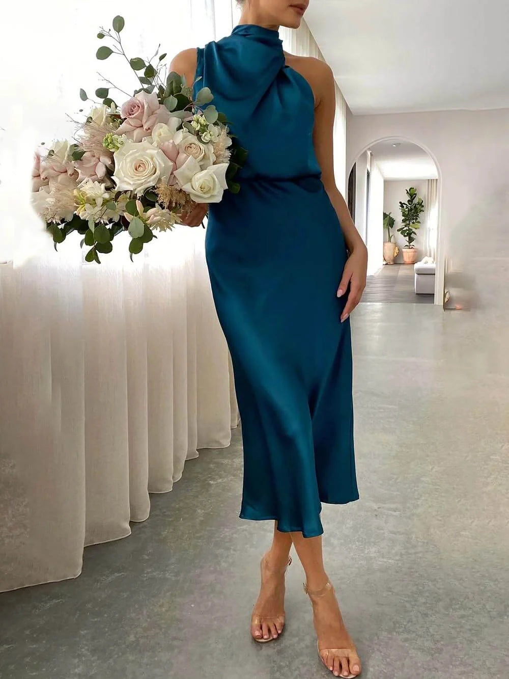 Ladies Elegant Halter Neck Midi Dress - Luxivelle