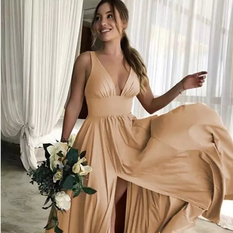 Elegant Long V Neck Wedding Guest Dress - Luxivelle