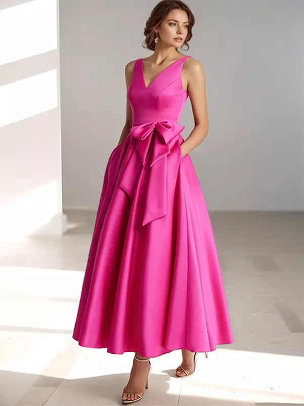 Ladies' V Neck Bridesmaid Midi Dress with Satin Waist