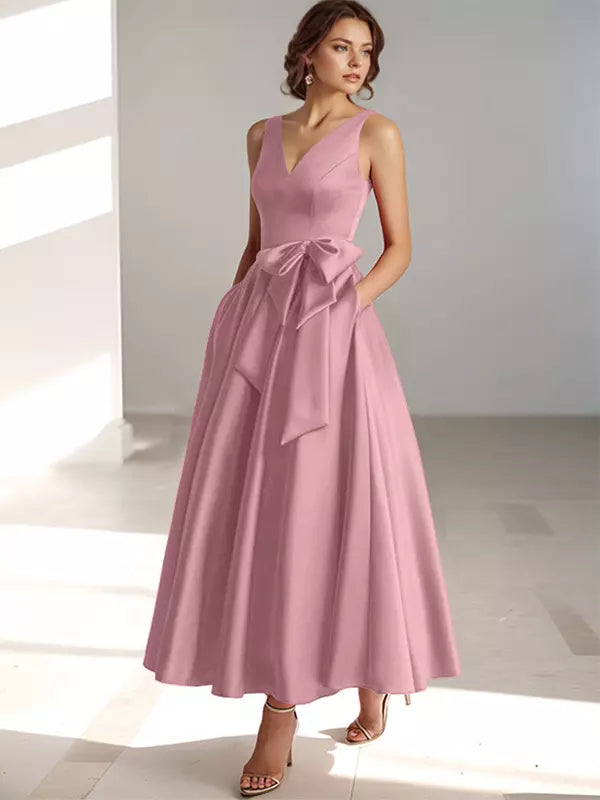 Ladies' V Neck Bridesmaid Midi Dress with Satin Waist