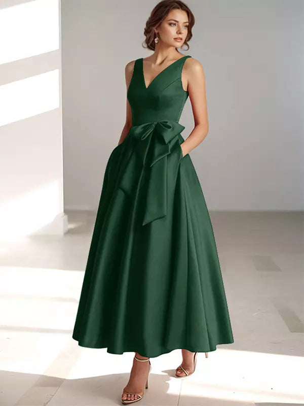 Ladies' V Neck Bridesmaid Midi Dress with Satin Waist