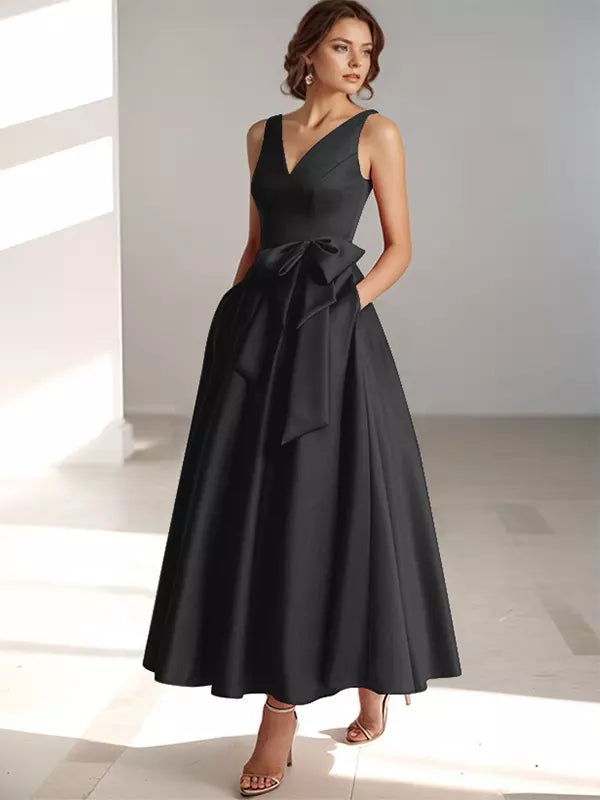 Ladies' V Neck Bridesmaid Midi Dress with Satin Waist