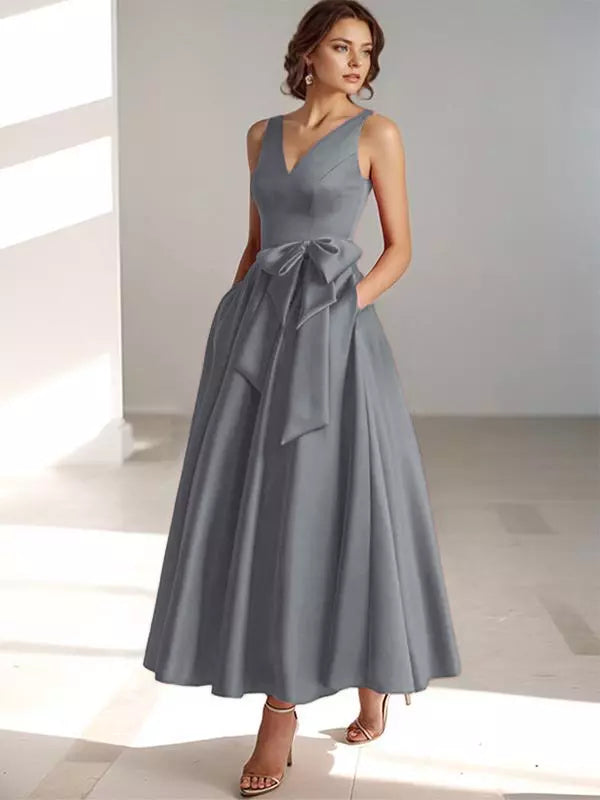 Ladies' V Neck Bridesmaid Midi Dress with Satin Waist