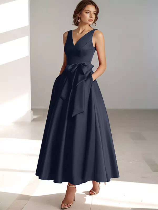 Ladies' V Neck Bridesmaid Midi Dress with Satin Waist