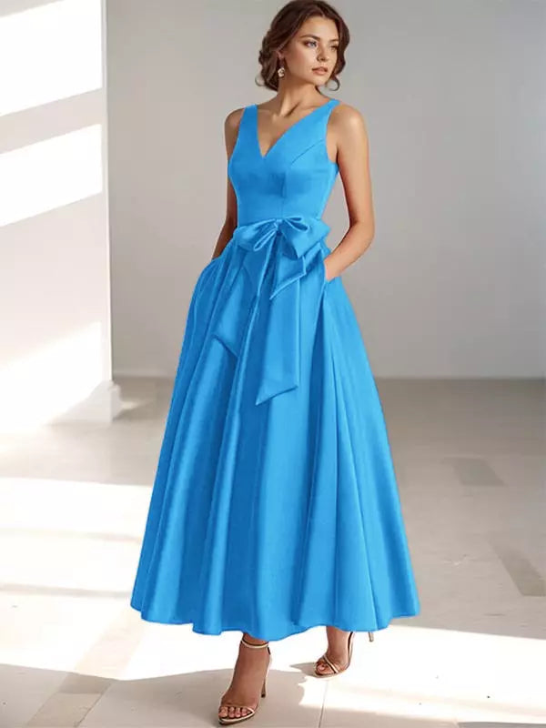 Ladies' V Neck Bridesmaid Midi Dress with Satin Waist