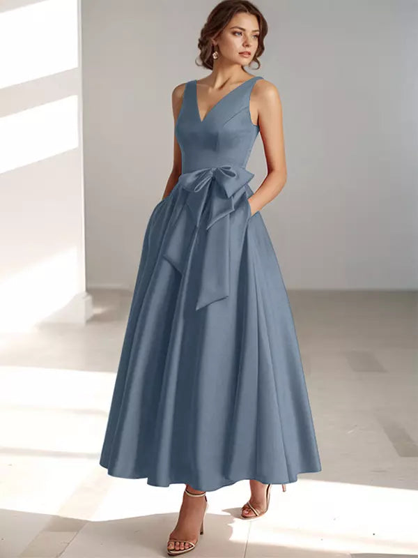Ladies' V Neck Bridesmaid Midi Dress with Satin Waist
