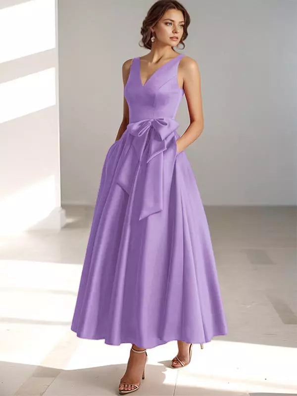 Ladies' V Neck Bridesmaid Midi Dress with Satin Waist