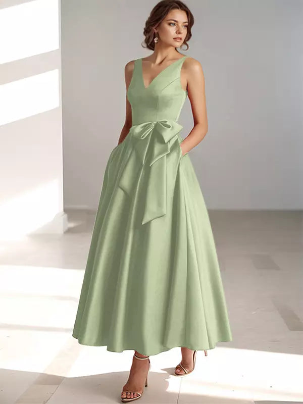 Ladies' V Neck Bridesmaid Midi Dress with Satin Waist