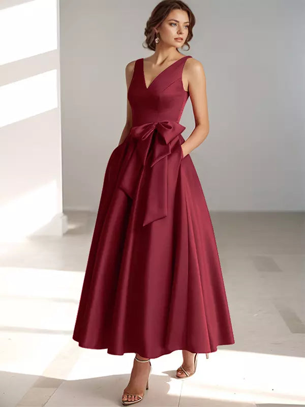 Ladies' V Neck Bridesmaid Midi Dress with Satin Waist