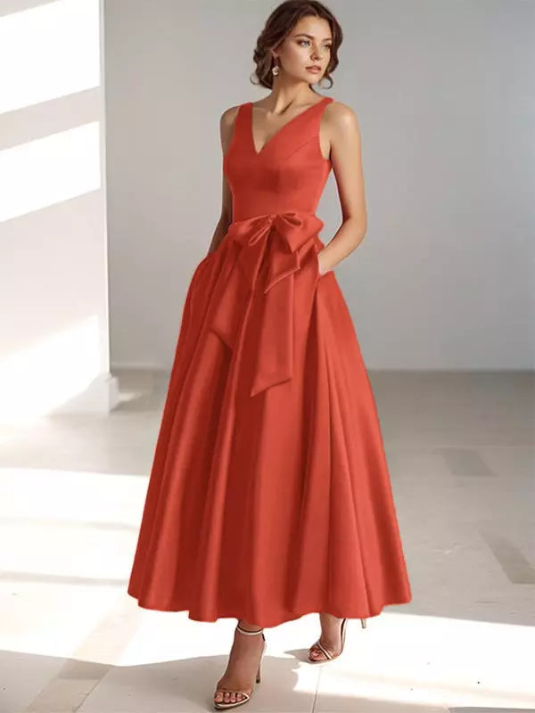 Ladies' V Neck Bridesmaid Midi Dress with Satin Waist