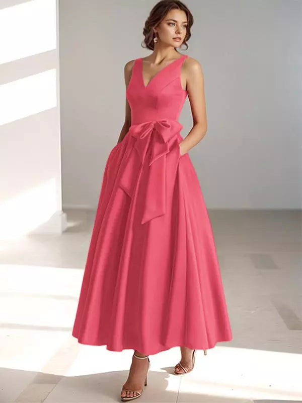 Ladies' V Neck Bridesmaid Midi Dress with Satin Waist