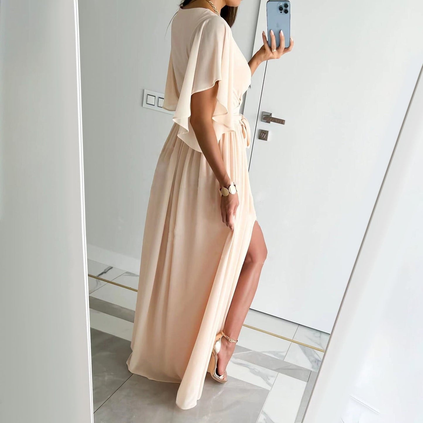 Elegant Long Bridesmaid Dress with Flowy Sleeves