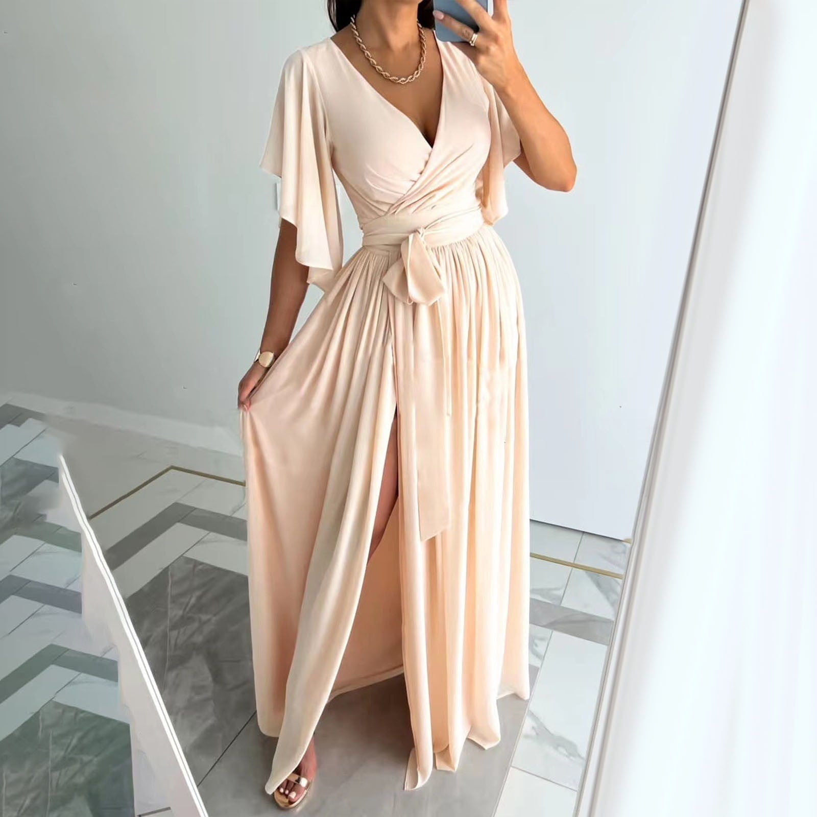 Elegant Long Bridesmaid Dress with Flowy Sleeves - Luxivelle
