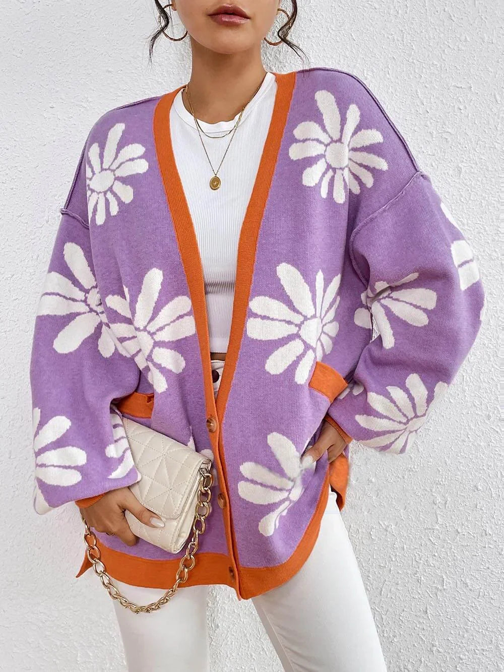 Relaxed Fit Women's Knit Cardigan Floral Pattern - Luxivelle